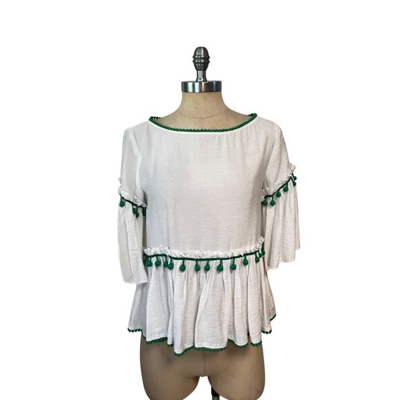 Club Monaco White Peplum Top W/ Green Pom Trim Bell Sleeves XS - Picture 1 of 5